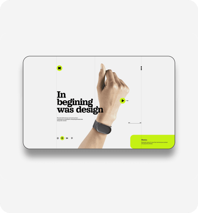 Tablet showing a minimalist website with a bold serif headline and lime-green accents